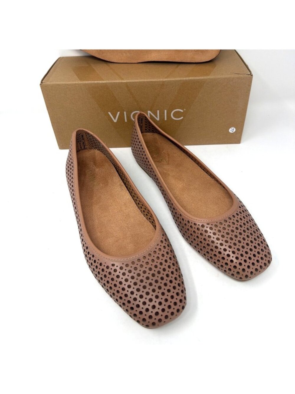 Vionic Orinda Perf Square Toe Ballet Flats Mocha Mousse Leather Women's Size 8.5